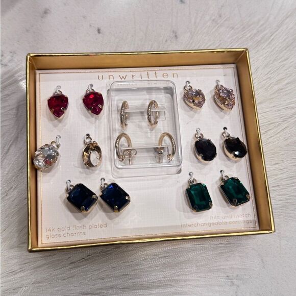 Unwritten Multi-Color Mix Hoop Earring Set Gold Red, Pink, Green, Black Stones - Picture 3 of 7